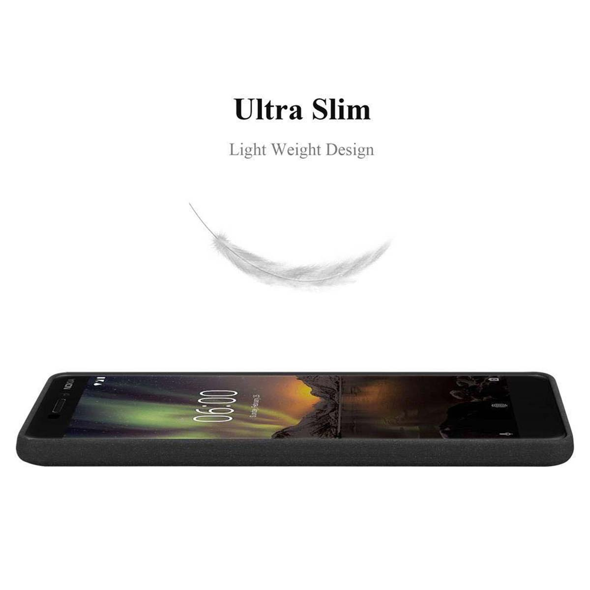 Telefono nero con testo 'Ultra Slim' e piuma. Sfondo bianco con telefono scuro.