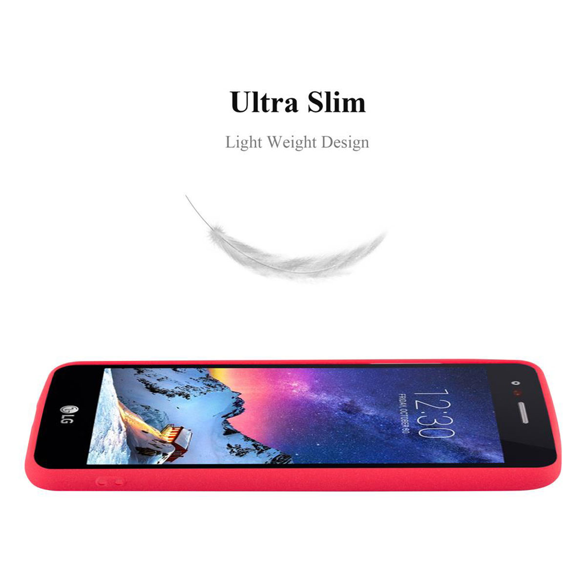 Un telefono rosso in una custodia rossa, con testo sopra e una piuma fluttuante, sfondo bianco.