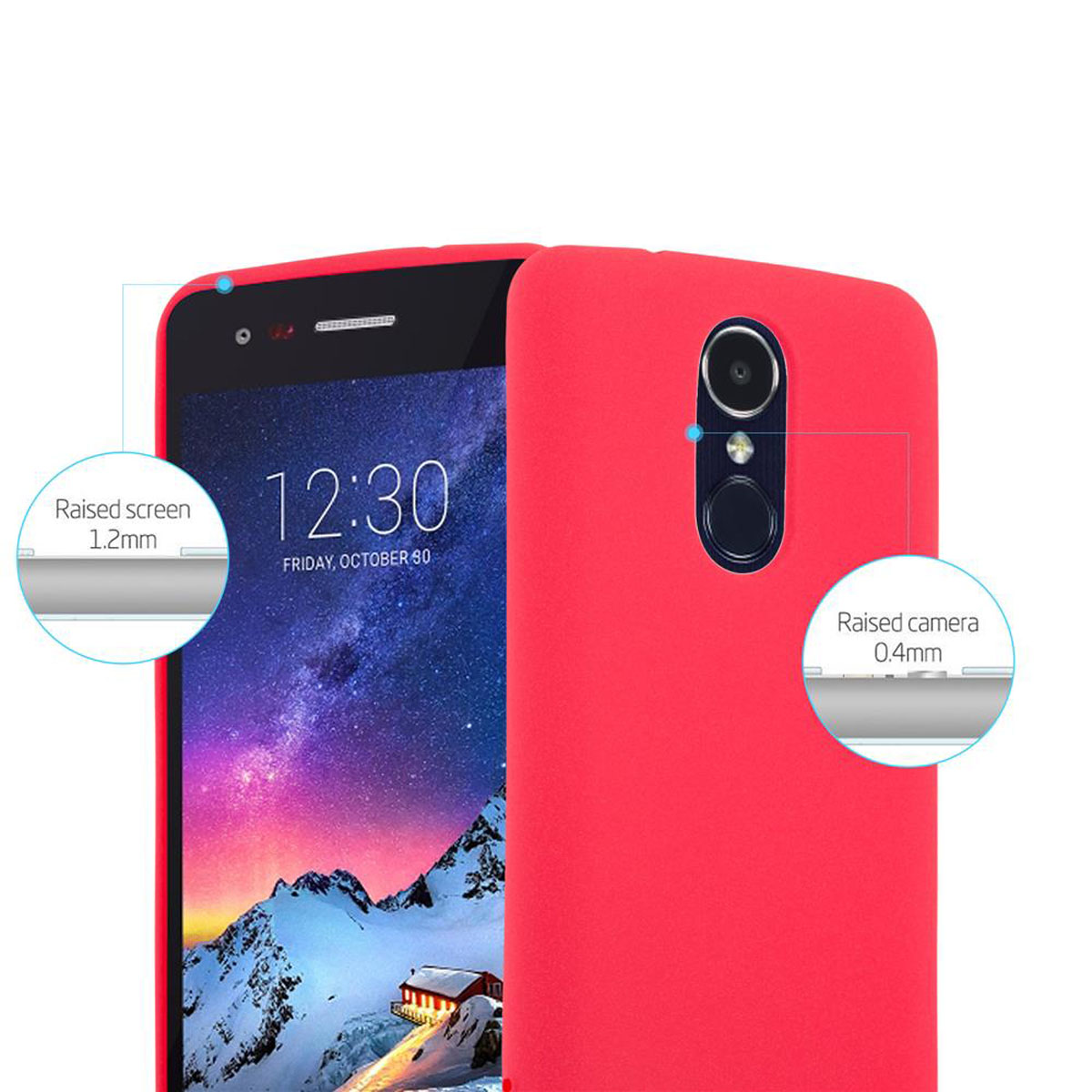 Una custodia rossa per telefono con un telefono all'interno. Dettagli: schermo rialzato 1,2 mm e fotocamera rialzata 0,4 mm.