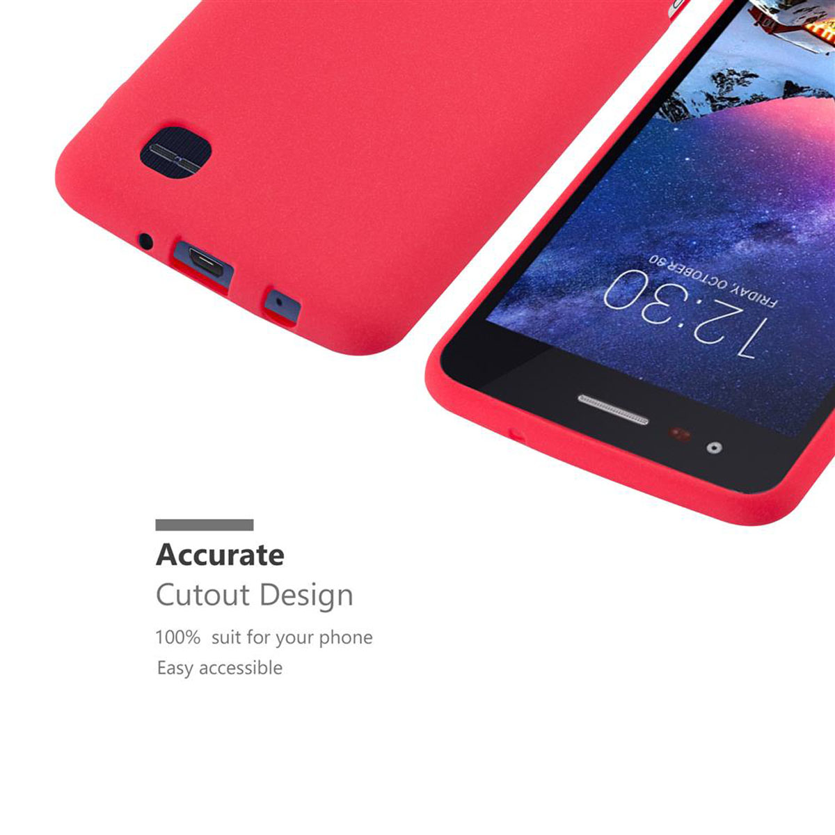 Un telefono rosso con una custodia. Il testo 'Accurate Cutout Design' è visibile.