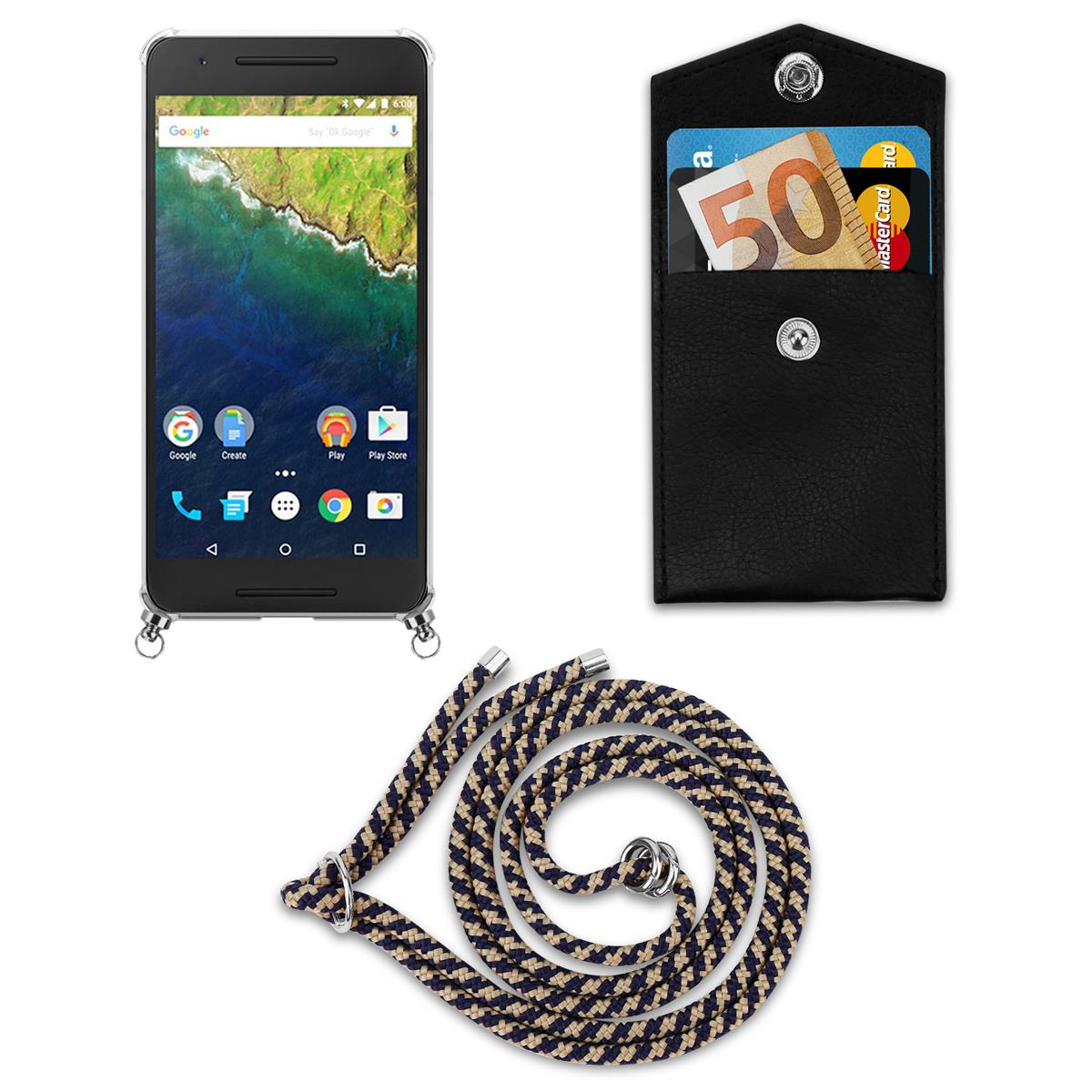 Ringen, GELB Kordel Handy mit Silber Hülle, und Backcover, Huawei, 6P, abnehmbarer Google Band CADORABO Kette NEXUS DUNKELBLAU