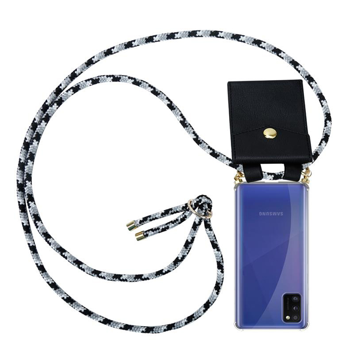 CADORABO Handy Kette mit Gold Galaxy Ringen, SCHWARZ Kordel CAMOUFLAGE Backcover, Hülle, abnehmbarer A41, Band Samsung, und