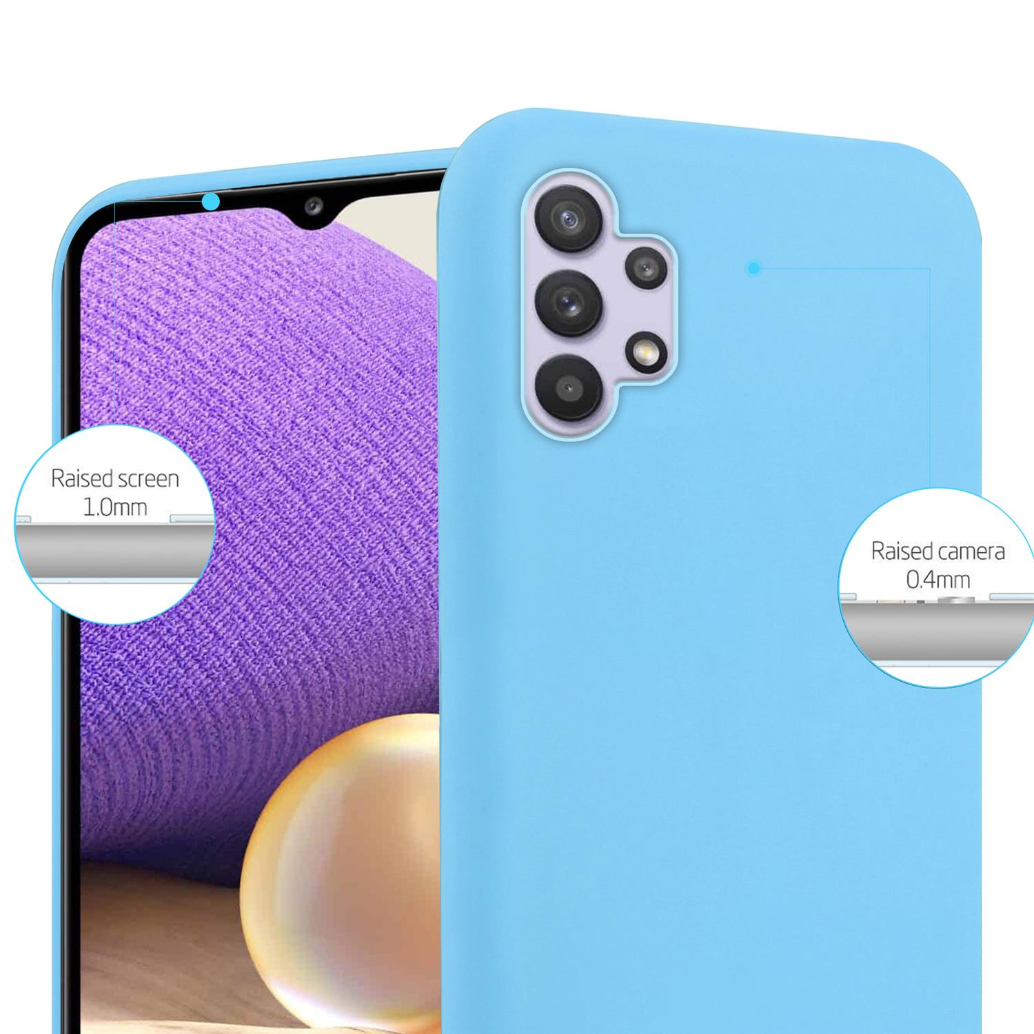 Primo piano di una custodia per telefono azzurra con dettagli della fotocamera e dello schermo. Lo sfondo è sfumato viola.