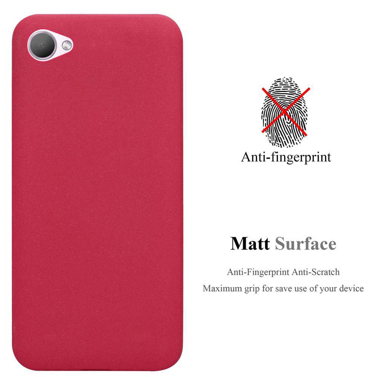 Una custodia per telefono rossa con un design anti-impronte digitali. L'immagine mostra la custodia e il testo.