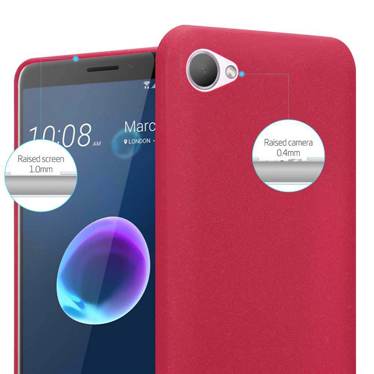 Custodia per telefono rossa con schermo e fotocamera rialzati. Testo: Schermo rialzato 1,0 mm, Fotocamera rialzata 0,4 mm.