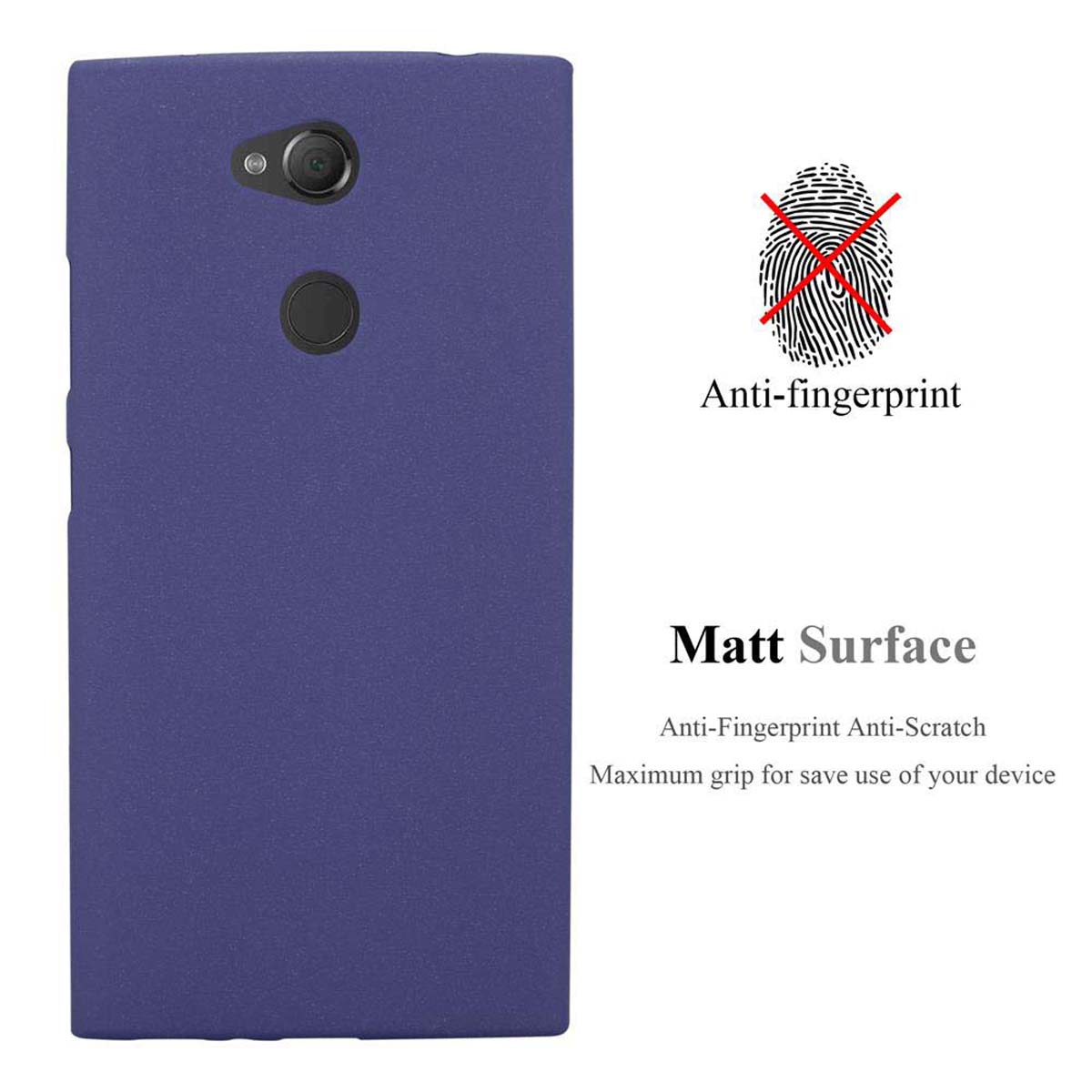 Custodia per telefono viola con obiettivo della fotocamera. Testo: Anti-impronte, Superficie opaca.