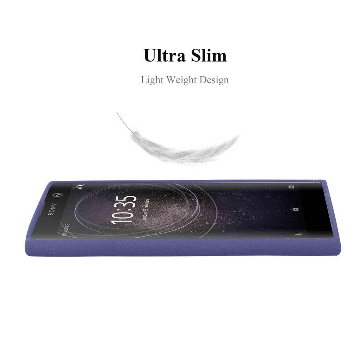 Una custodia per telefono viola con una grafica a forma di piuma. Il testo dice Ultra Slim e Light Weight Design.