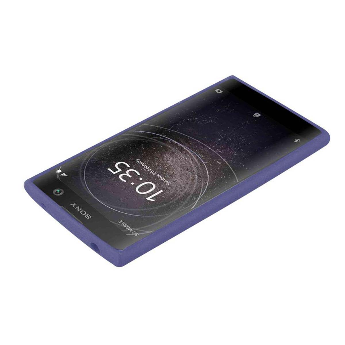Custodia per telefono viola con orario. Schermo nero.