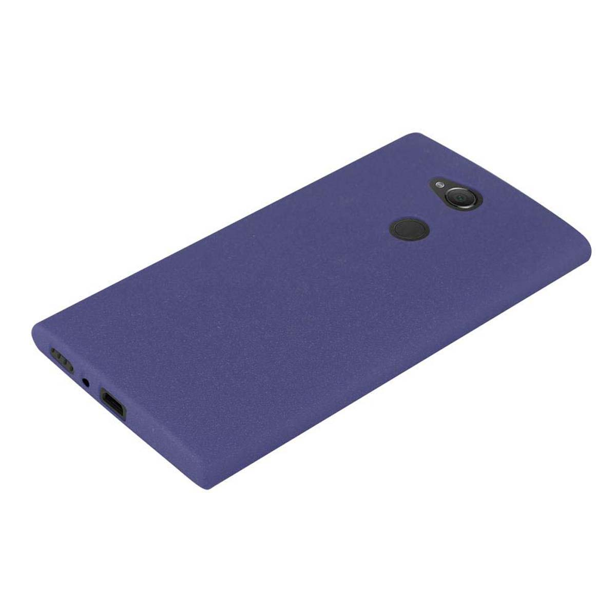 Una custodia per telefono blu scuro, angolata per mostrare il retro del telefono. La fotocamera e altre funzioni sono visibili.