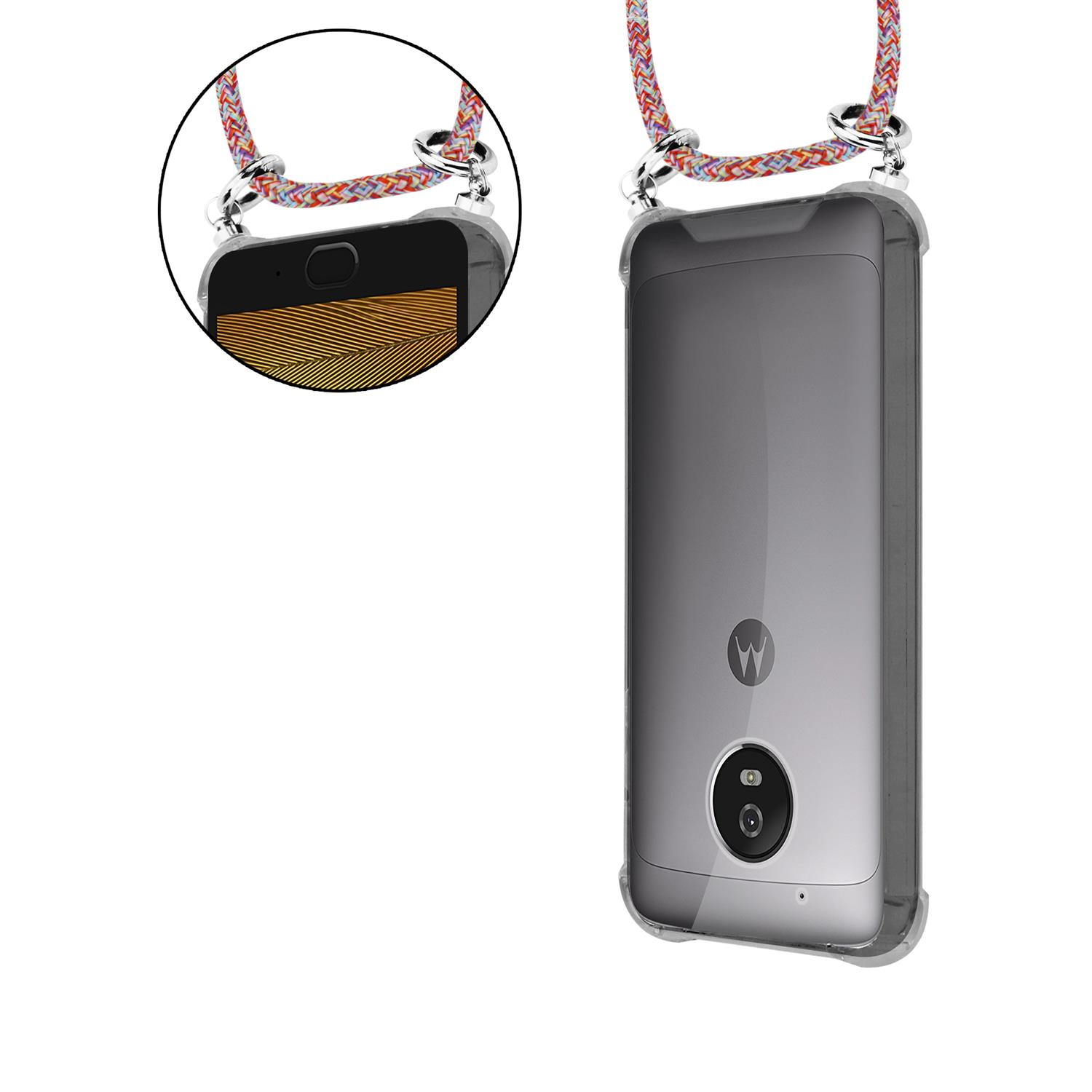 Ein Telefon mit transparentem Gehäuse und buntem Seilriemen.