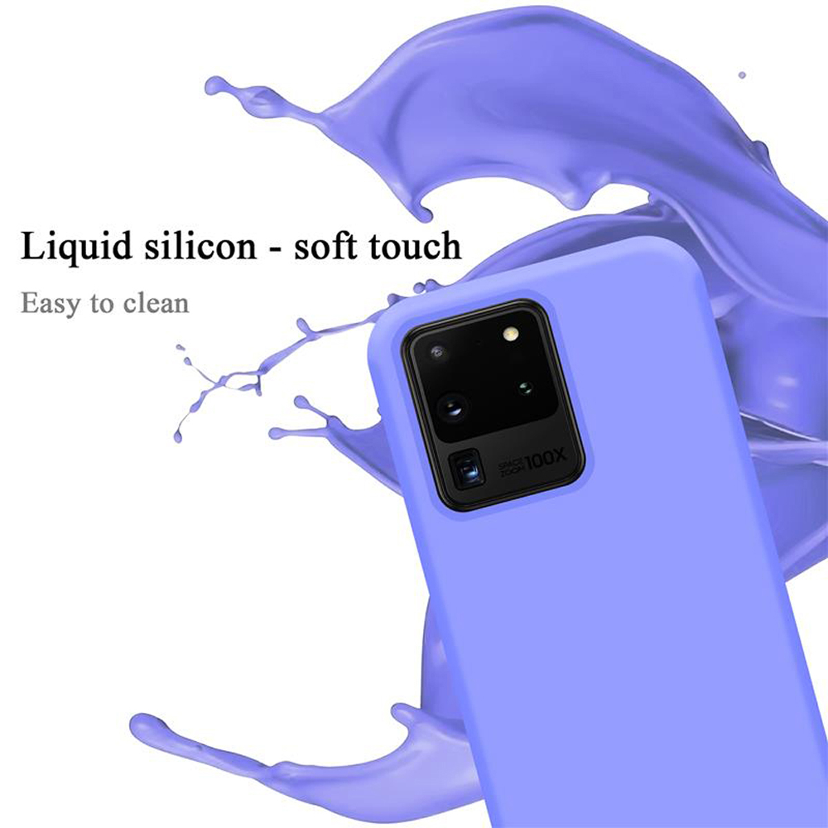 Una custodia per telefono blu con una spruzzata di vernice blu. Lo sfondo è bianco.