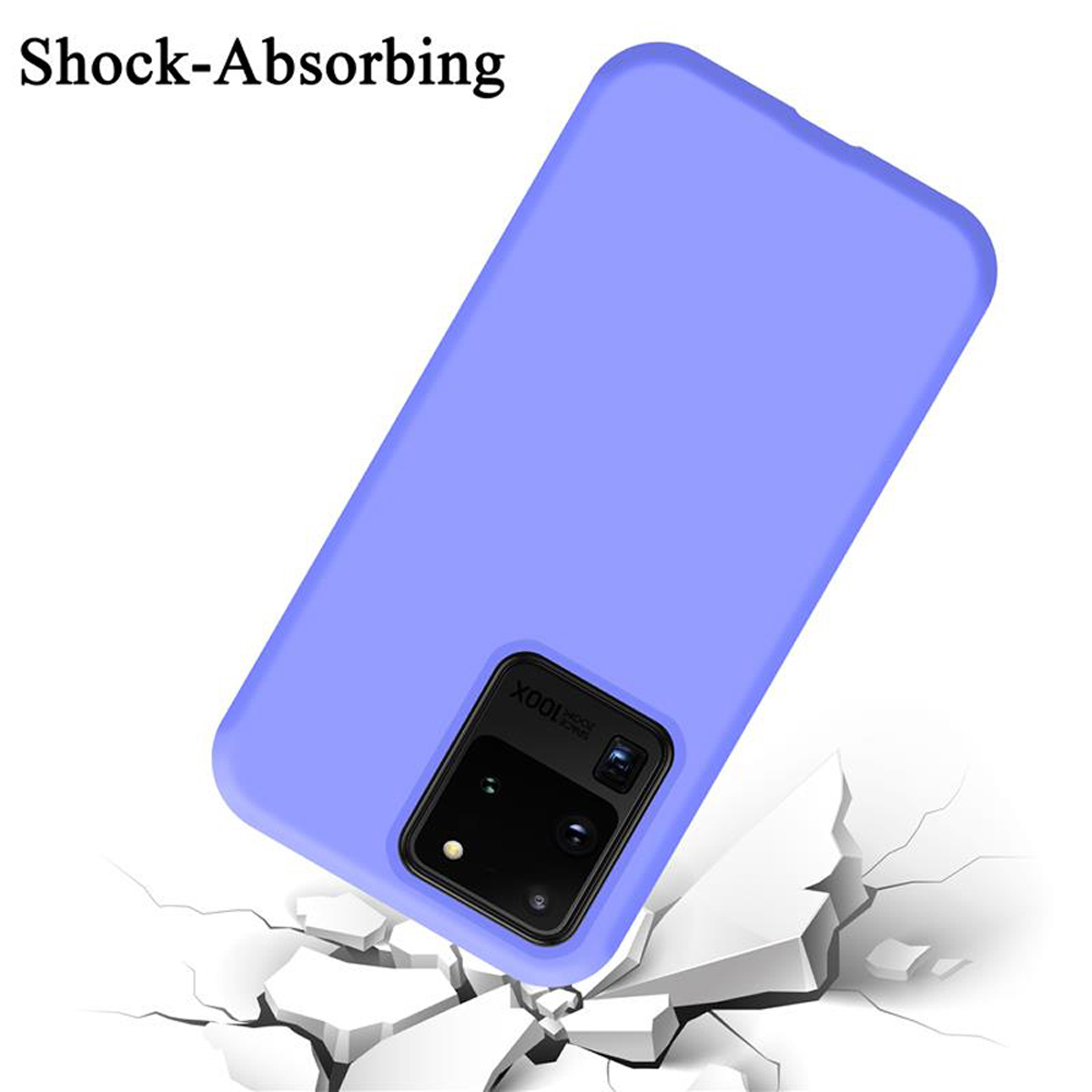 Una custodia per telefono color lavanda che cade su una superficie, formando crepe. Il testo sopra dice 'Shock-Absorbing'.