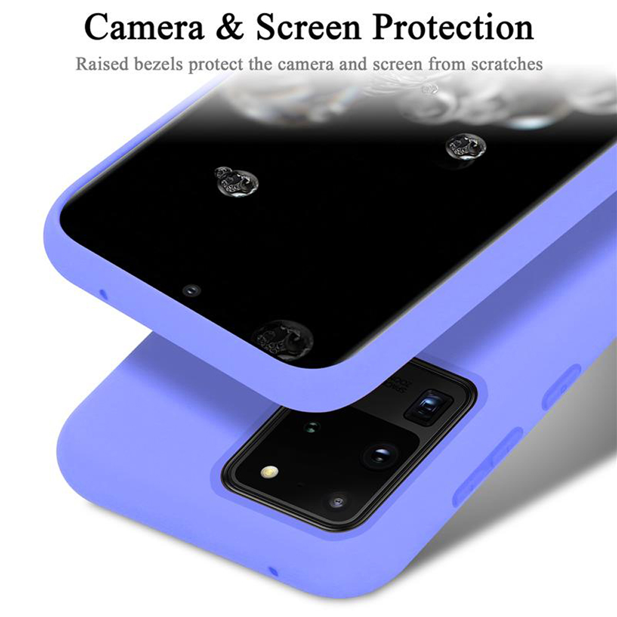 Due custodie per telefono, una aperta, che mostrano il telefono e la protezione. Testo: Protezione fotocamera e schermo.