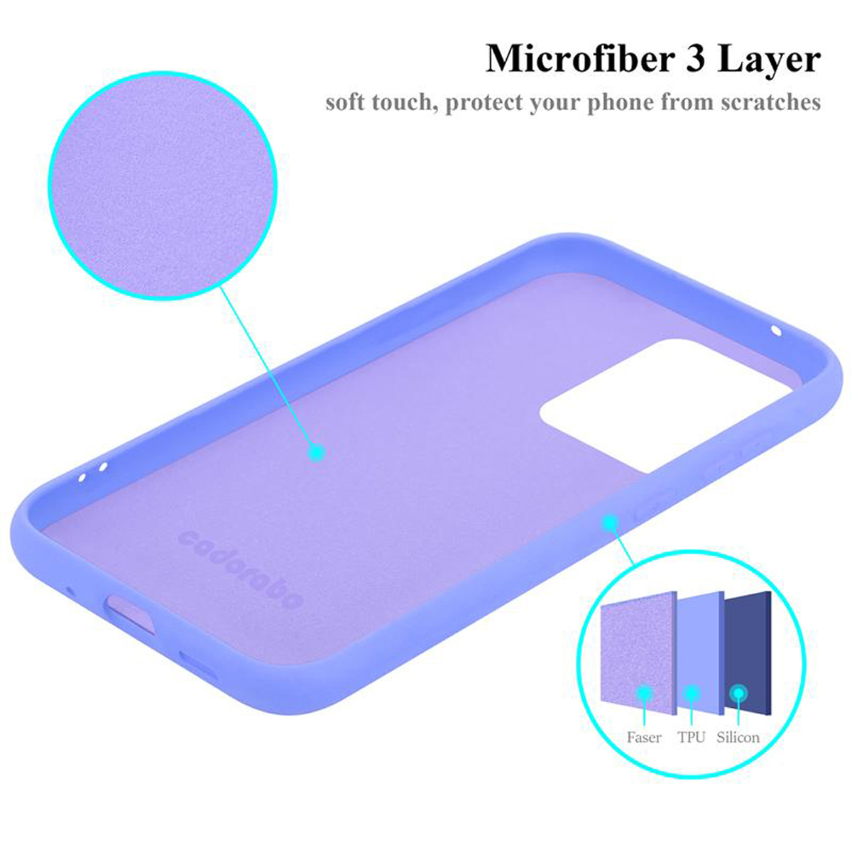 Custodia per telefono viola. Un diagramma illustra i tre strati della custodia: Faser, TPU e Silicone.