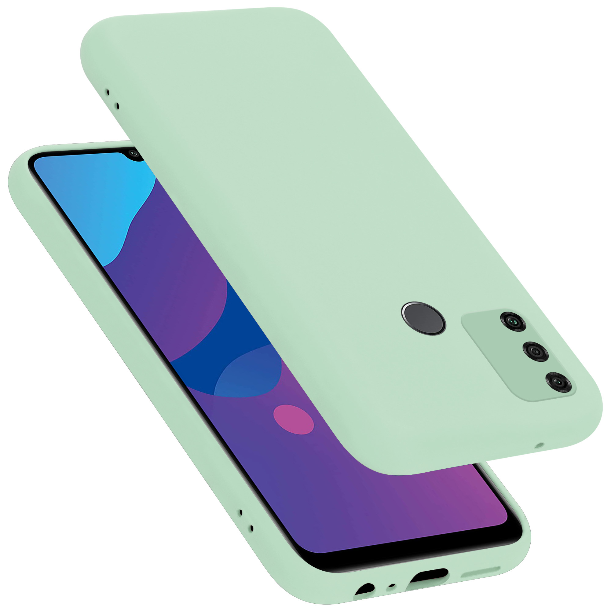 Hellgrüne Telefonhülle, zweiteilig, mit dem Bildschirm des Telefons, der violette Farben zeigt.