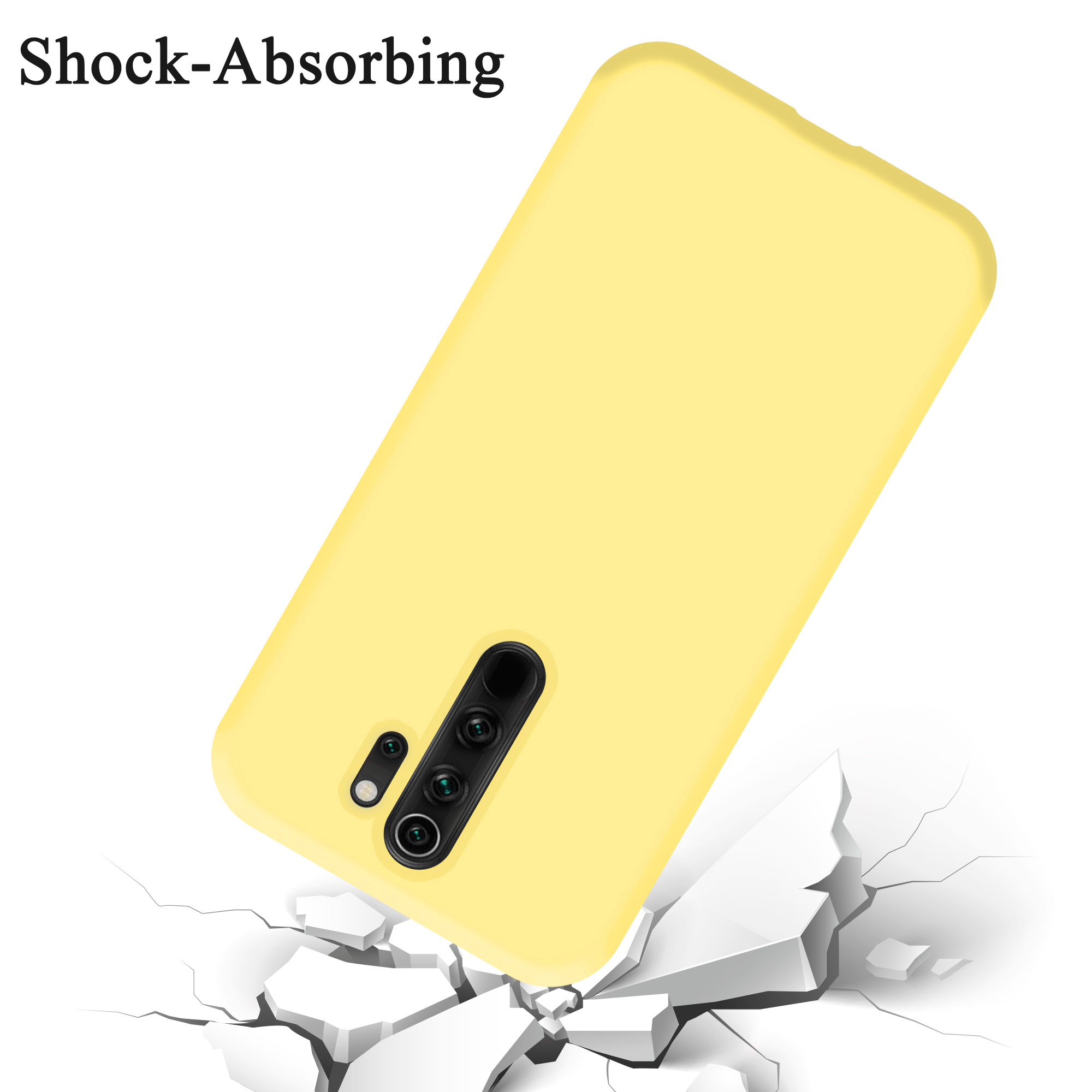Custodia per telefono gialla su sfondo bianco, etichettata "Shock-Absorbing".