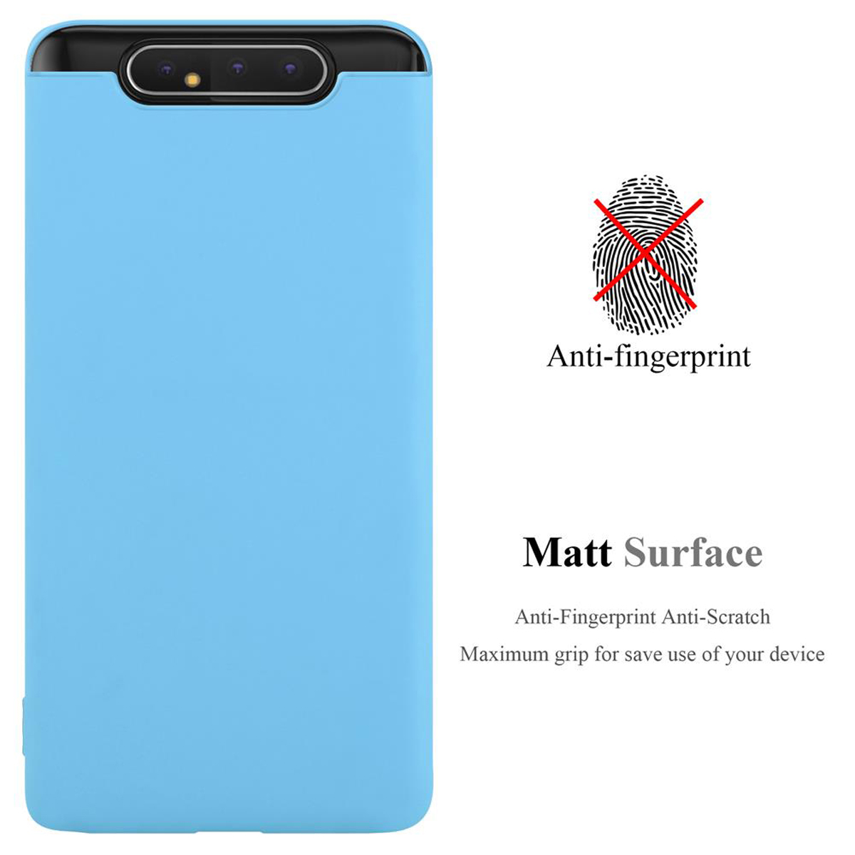 Una custodia per telefono azzurra con caratteristiche anti-impronta e superficie opaca, con un simbolo di impronta digitale.