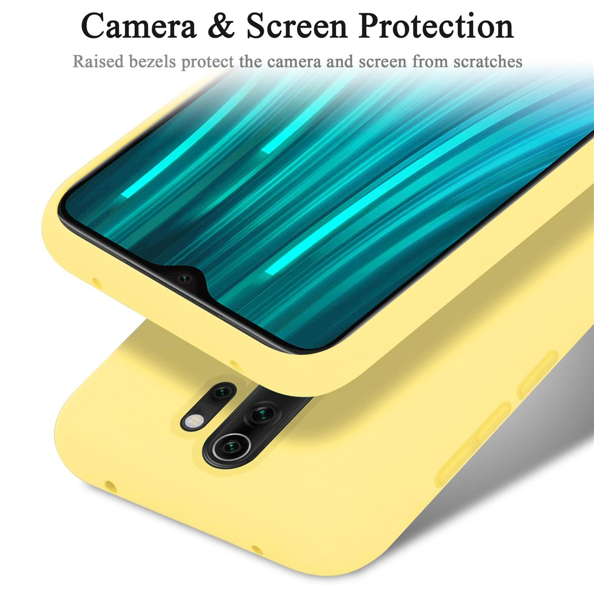 Una custodia per telefono gialla attorno a un telefono. Il testo in alto recita: Protezione fotocamera e schermo. Lo sfondo è bianco.