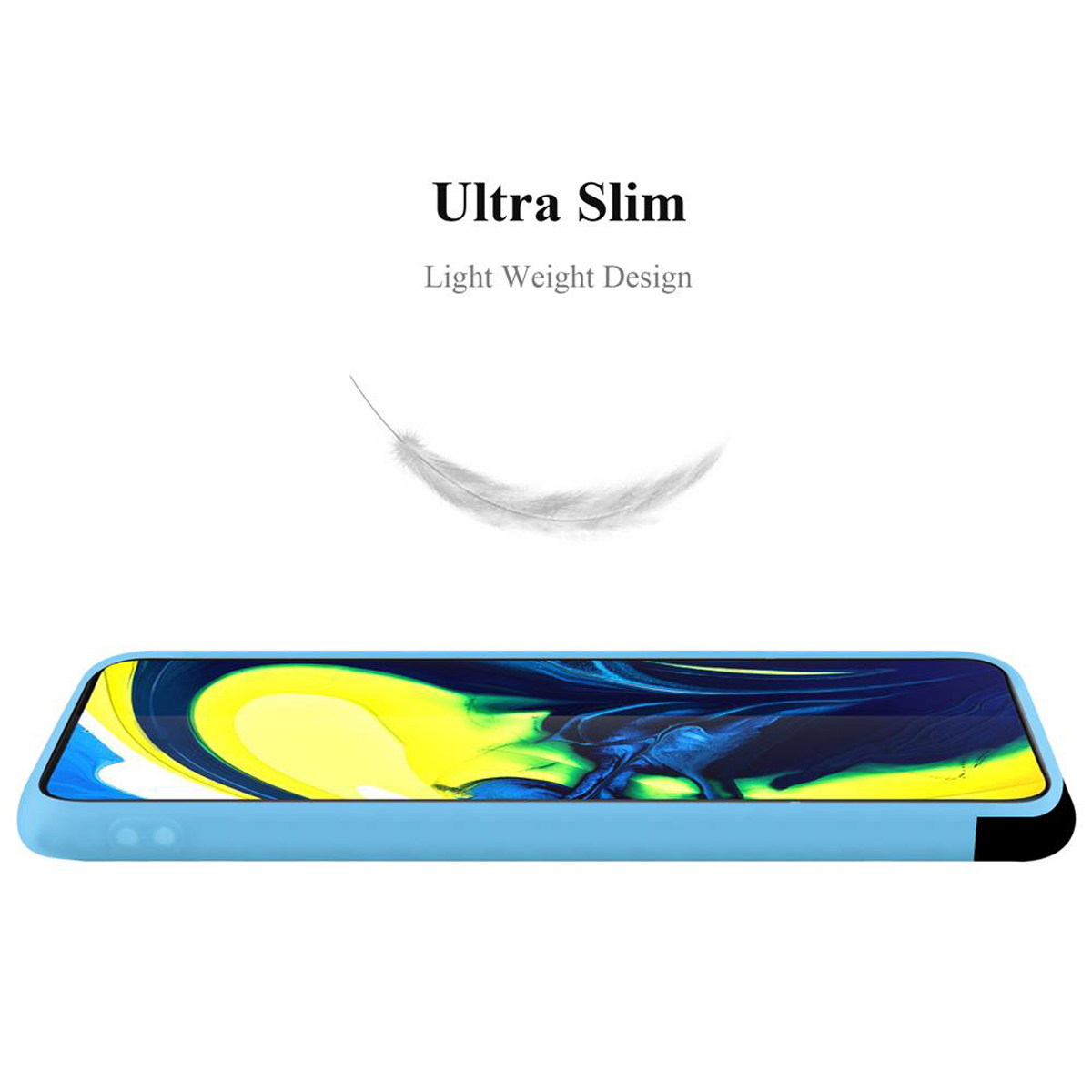 Una custodia per telefono azzurra con una piuma che fluttua sopra. Il testo dice Ultra Slim, Light Weight Design.