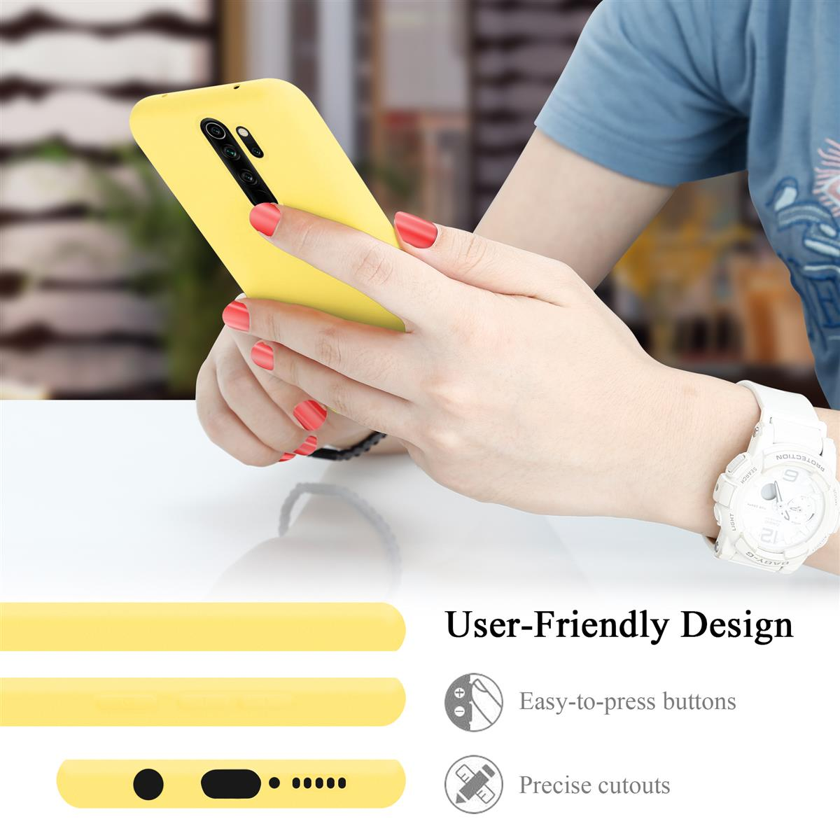 Eine Person, die ein gelbes Telefon hält. Das Telefon befindet sich neben einer Reihe von Illustrationen des Telefondesigns.