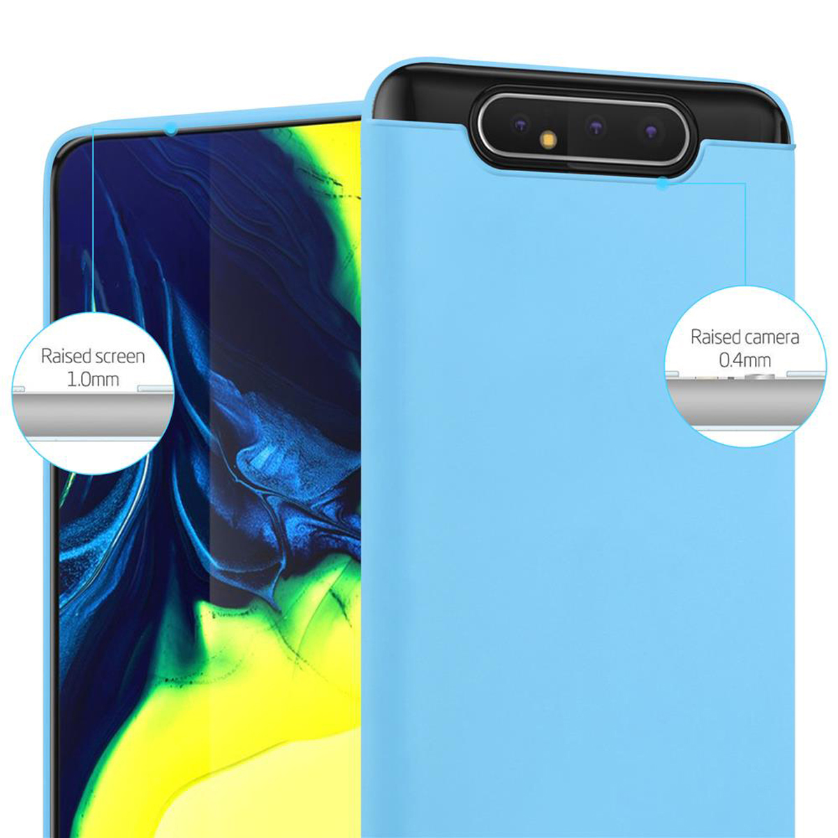 Custodia per telefono azzurra con schermo e fotocamera rialzati. La custodia è di colore azzurro.