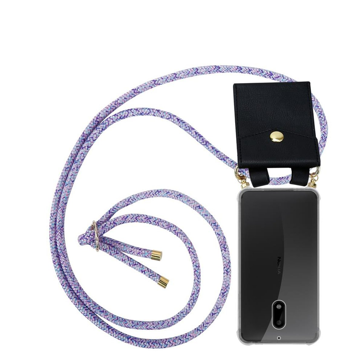 Telefon mit lila Riemen und schwarzem Etui. Schwarze Tasche mit goldenen Akzenten. Kabel verläuft um das Telefon.
