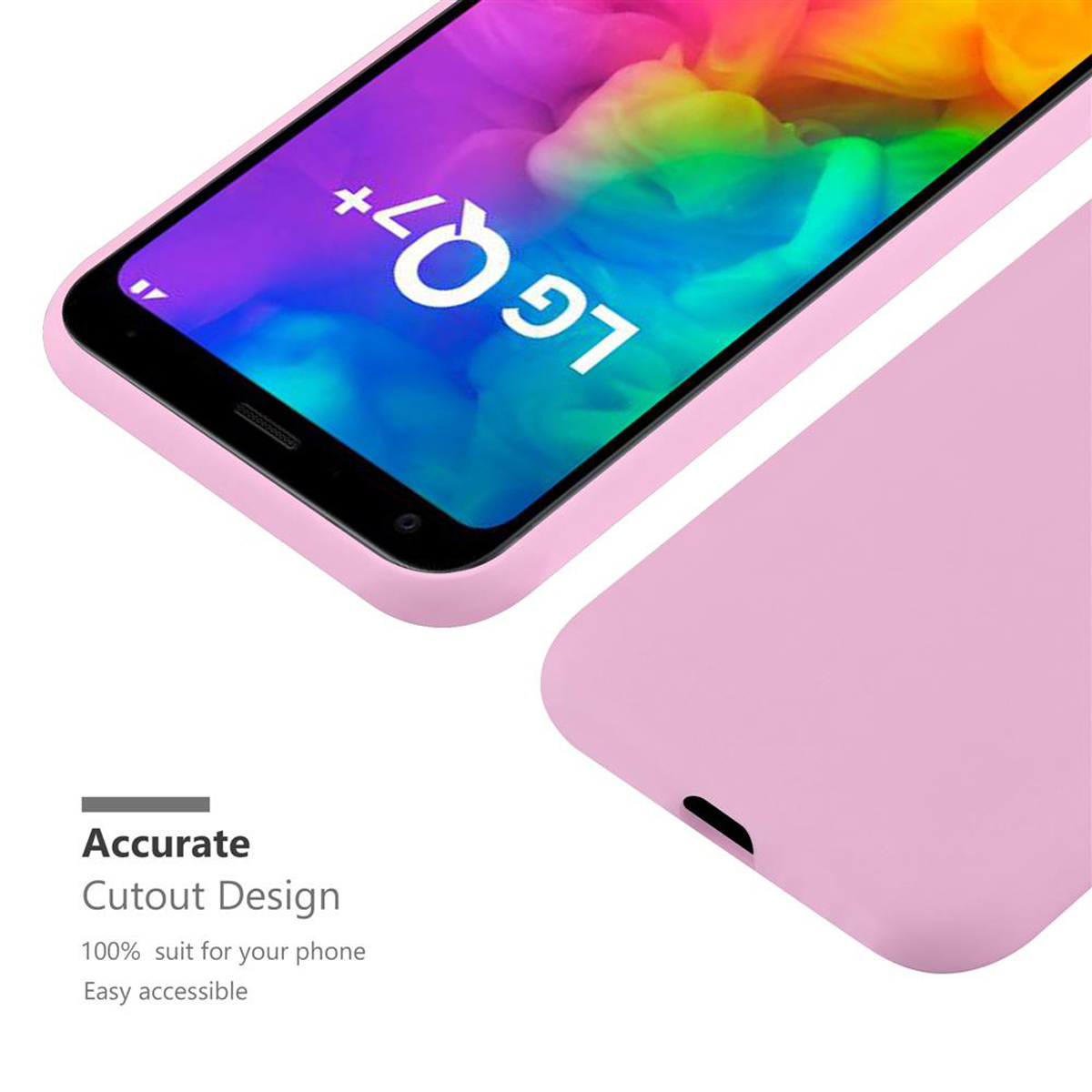 Custodia rosa con LG Q7+ sullo schermo. Sotto, testo bianco: 'Accurate Cutout Design'.