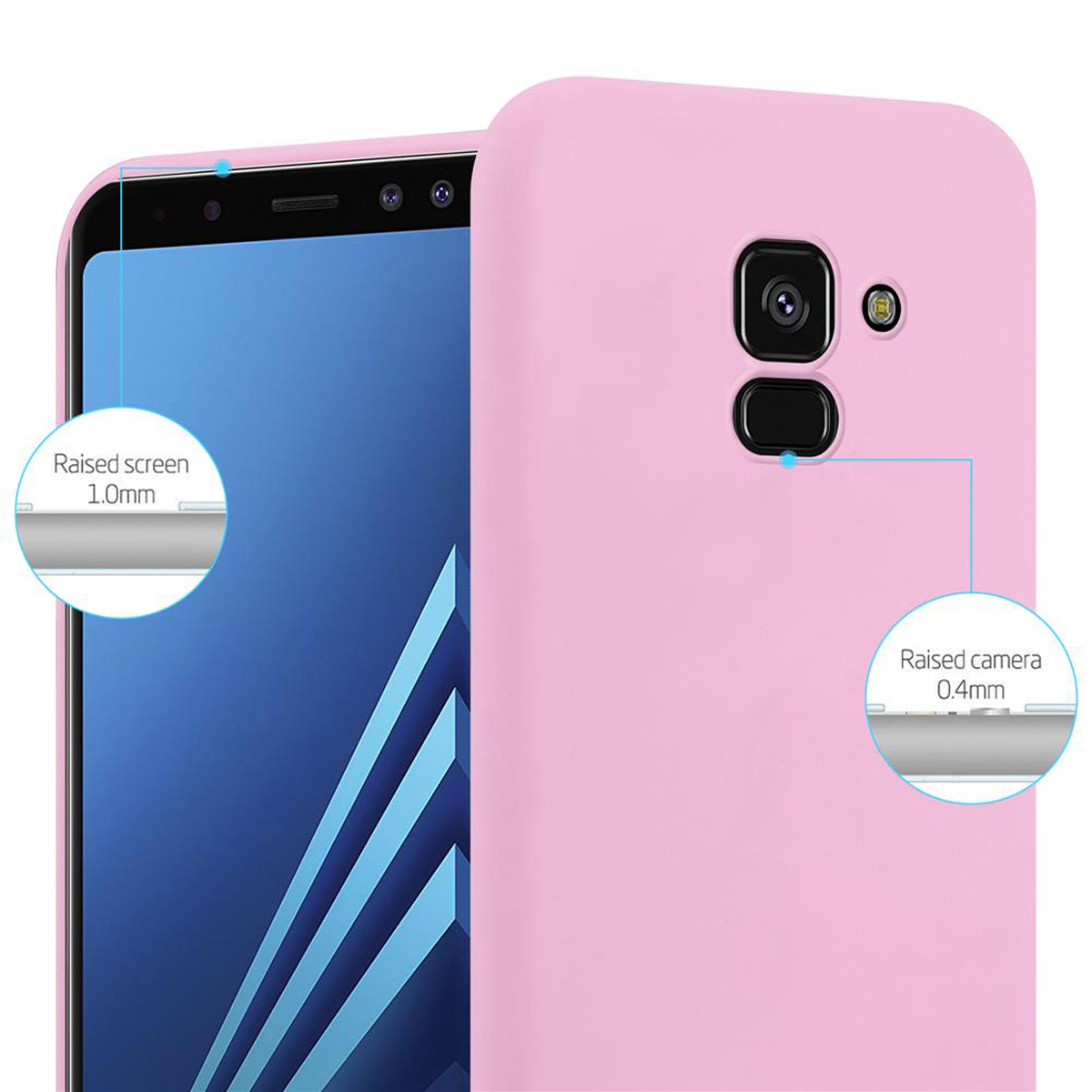 Custodia rosa con telefono dentro. Primi piani mostrano schermo e fotocamera rialzati.