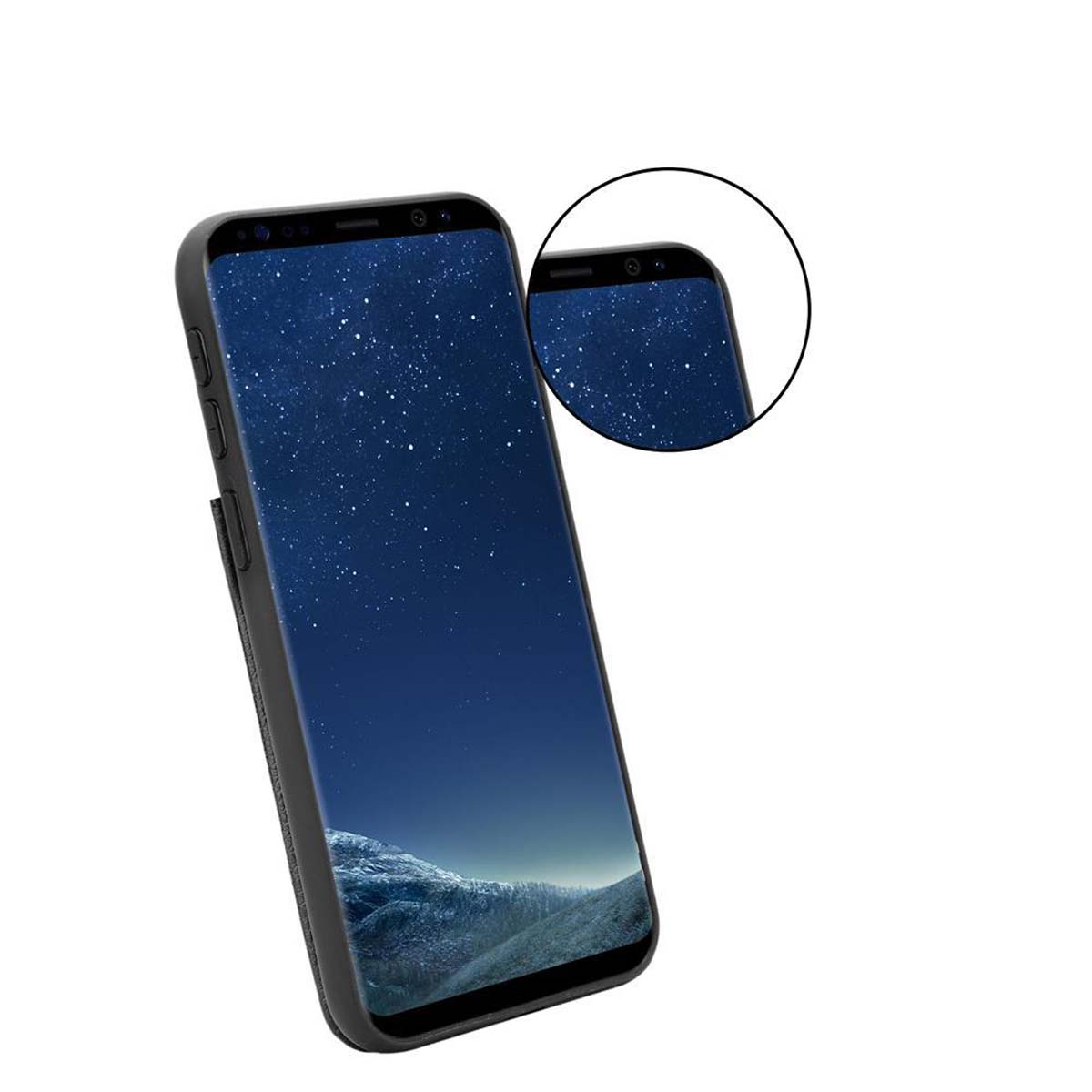 Telefono in una custodia di lato. Lo schermo è acceso e mostra una vista notturna stellata.
