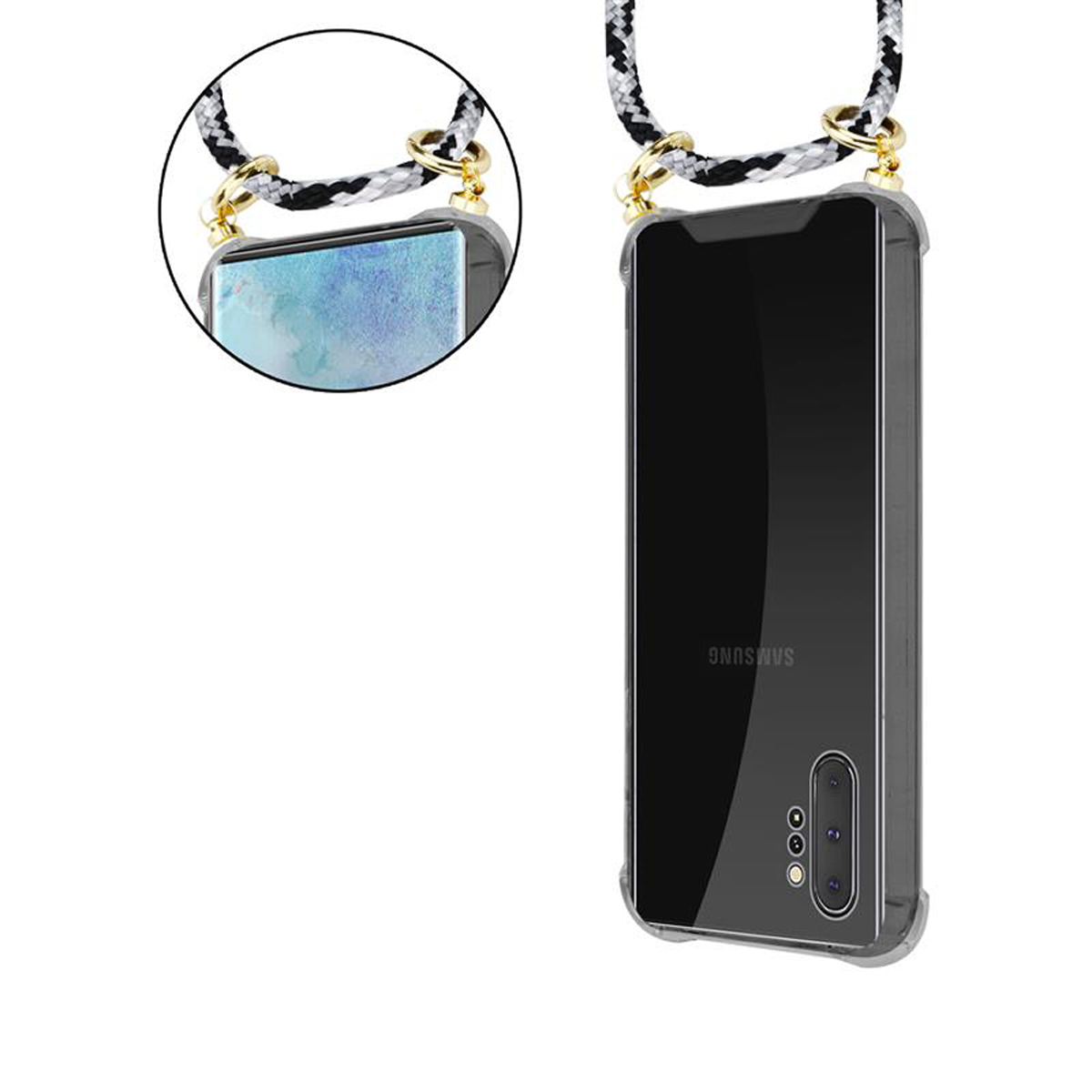 CADORABO Handy Kette Kordel Galaxy Gold PLUS, NOTE CAMOUFLAGE und mit Backcover, SCHWARZ Ringen, 10 Band abnehmbarer Hülle, Samsung