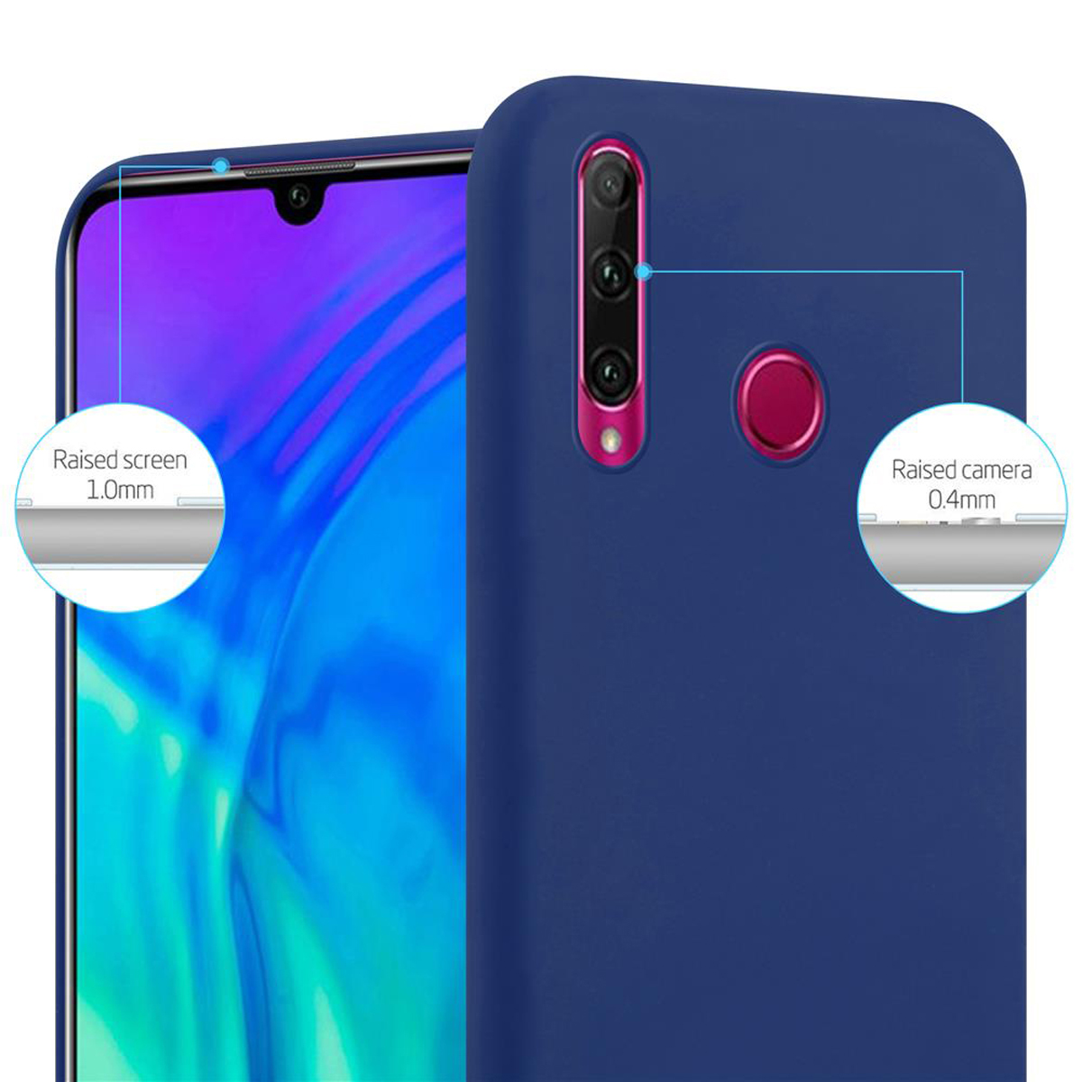 Custodia blu per telefono accanto a un telefono. I dettagli dello schermo e della fotocamera rialzati sono mostrati in cerchi.