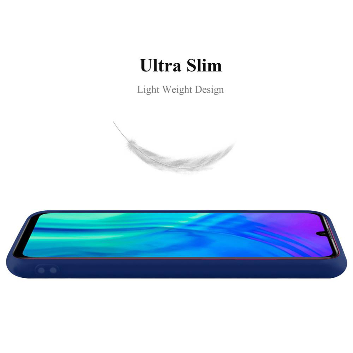 Custodia per telefono blu sdraiata. Il testo recita "Ultra Slim Light Weight Design" con una piuma.