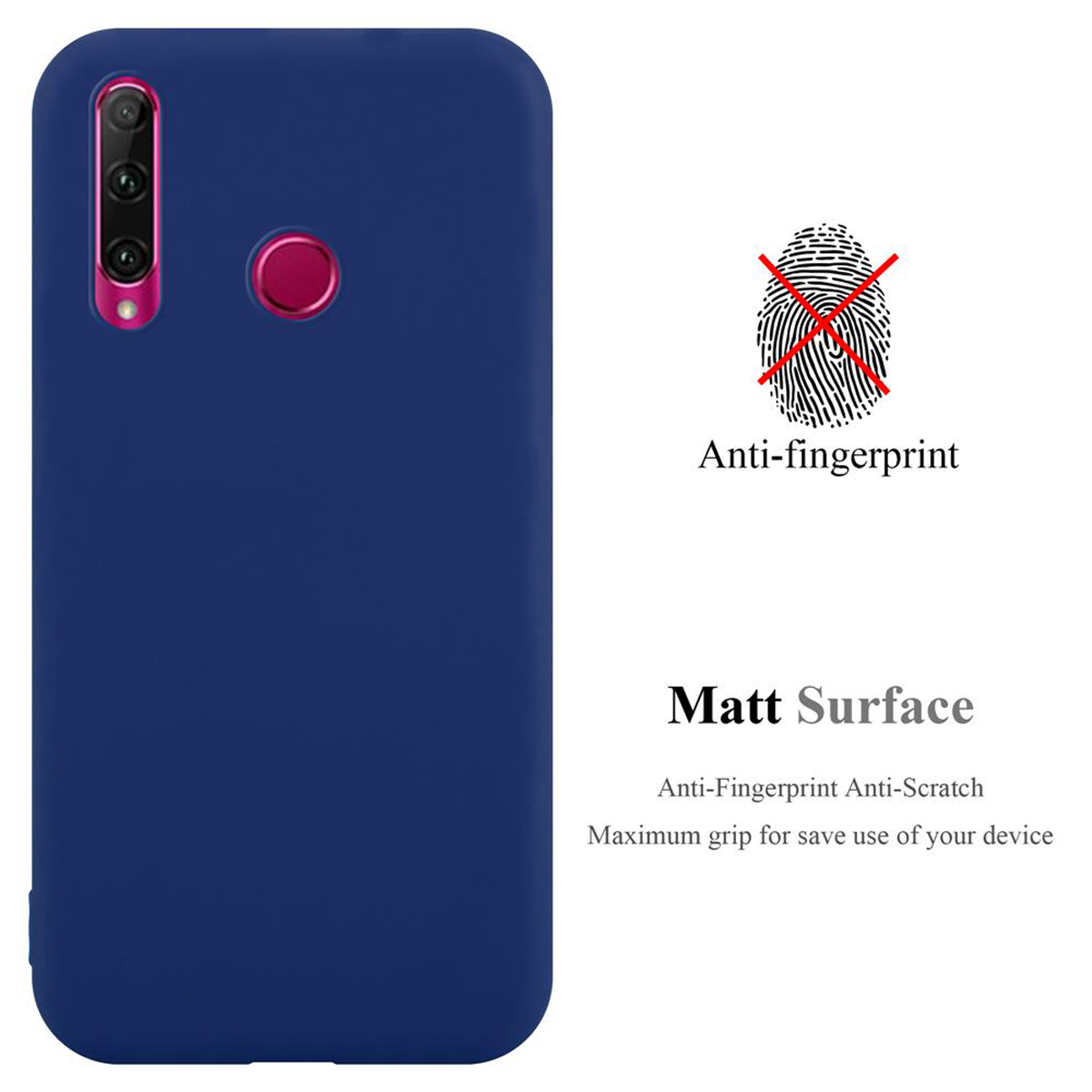 Custodia per telefono blu con un pulsante rosso e un simbolo. Testo: Anti-impronte.