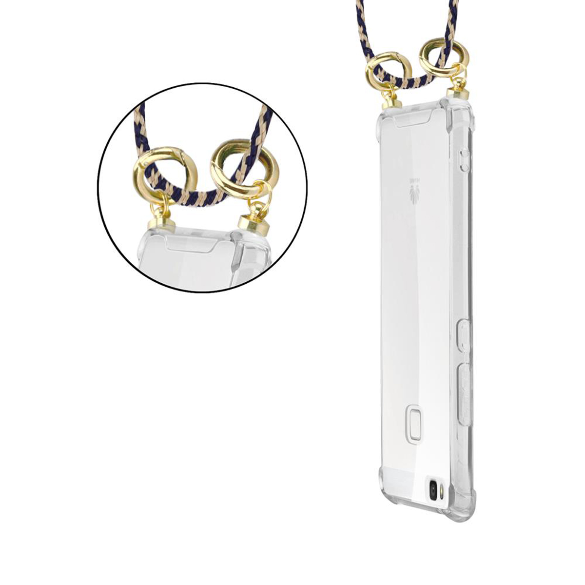 Eine Telefonhülle hängt an einem Seil, mit Nahaufnahme von Seil und goldenen Ringen.