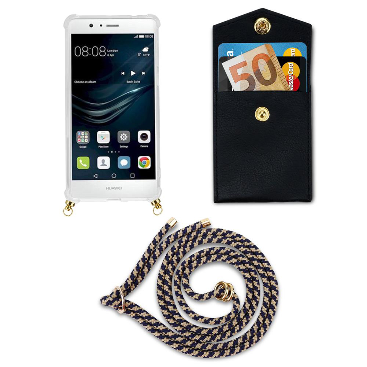 Telefon, Kartenhalter und ein marineblauer und beigefarbener Seilriemen.