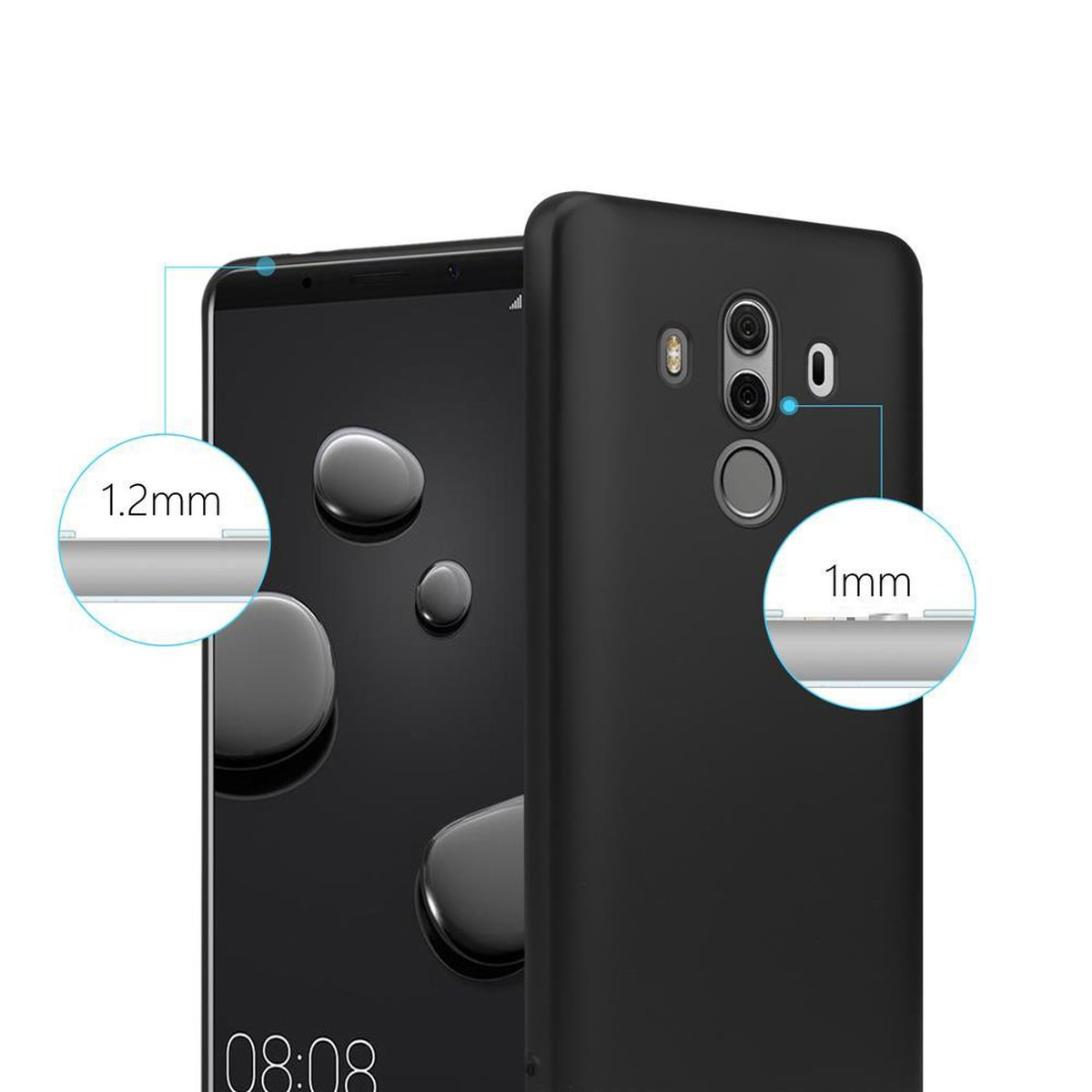 Zwei schwarze Handyhüllen werden gezeigt. Eins mit dem Telefon. Das Bild zeigt den Dickenvergleich.
