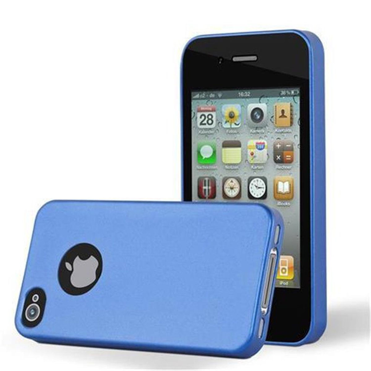 Ein iPhone in einer blauen Hülle und eine blaue Hülle liegend.