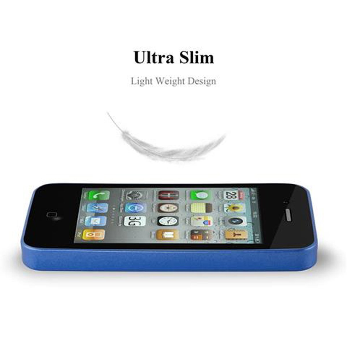 Ein Telefon mit blauem Gehäuse. Der Text lautet: Ultra Slim. Light Weight Design. Eine Feder befindet sich über dem Telefon.