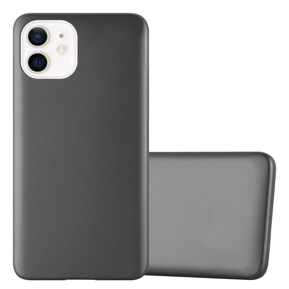 Custodia per telefono grigio scuro e un telefono abbinato. Sfondo bianco.