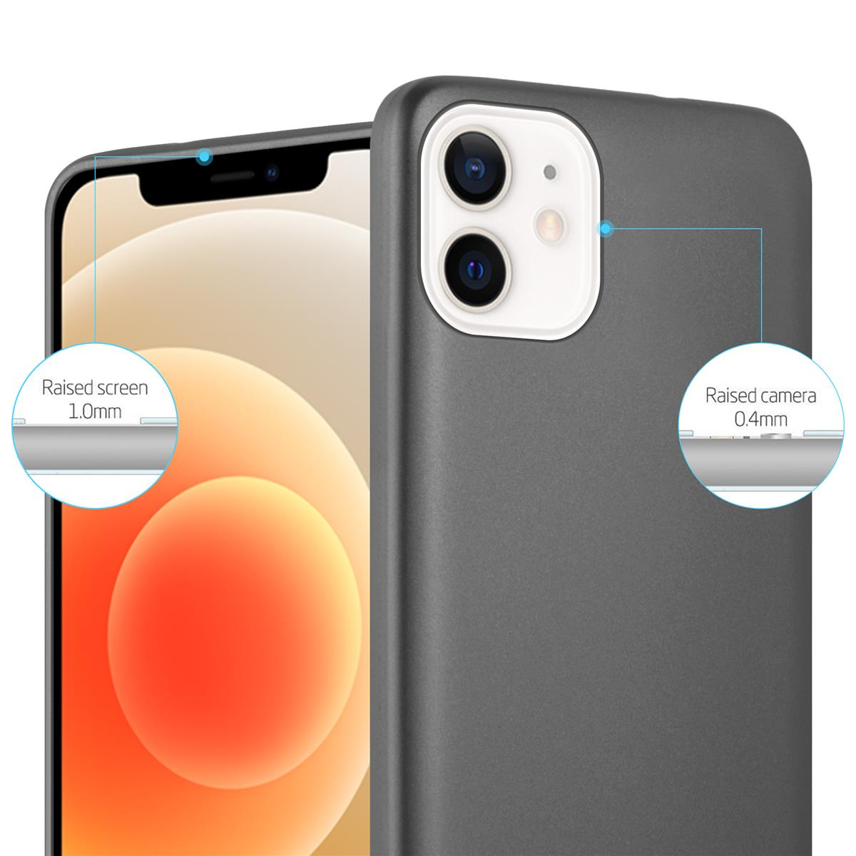 Una custodia per telefono con bordi rialzati e testo con misure per schermo e fotocamera.