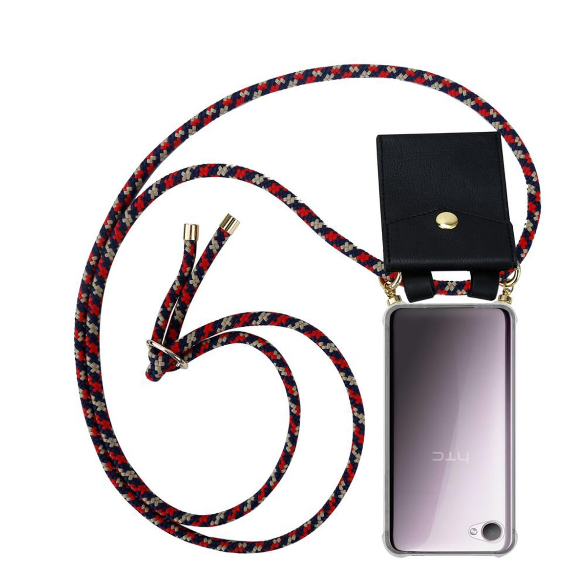 Telefon mit Riemen und schwarzem Beutel. Der Riemen ist eine Mischung aus Rot, Schwarz und Beige.