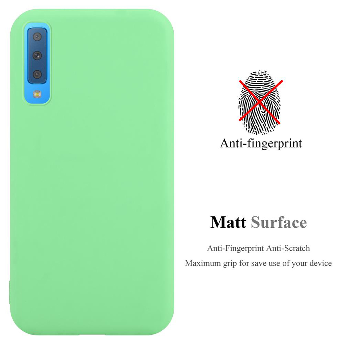 Custodia verde per telefono con testo su anti-impronta e superficie opaca.