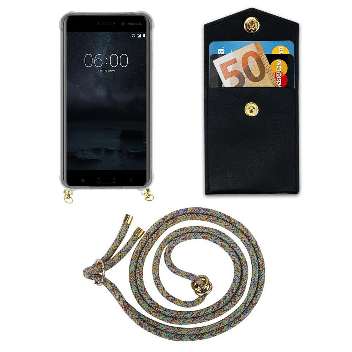 Telefon und Geldbörsenetui mit Riemen. Geldbörse hat Karten. Telefon zeigt Zeit.