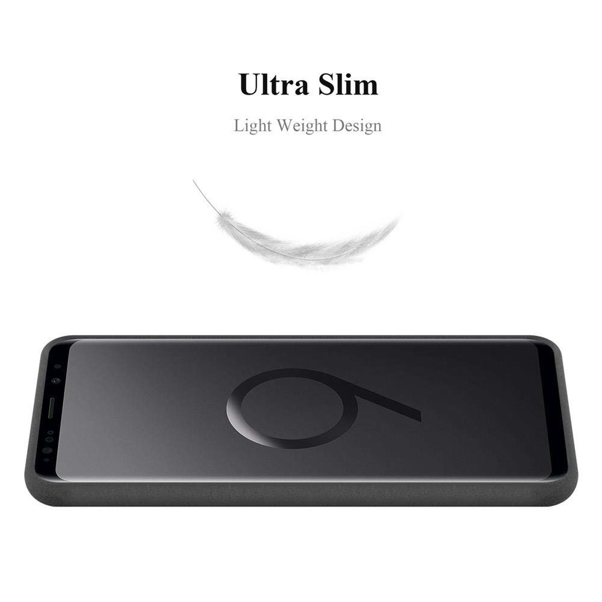 Custodia nera per telefono. Una piuma fluttua sopra un telefono nero. Testo: Ultra Slim, Design leggero.