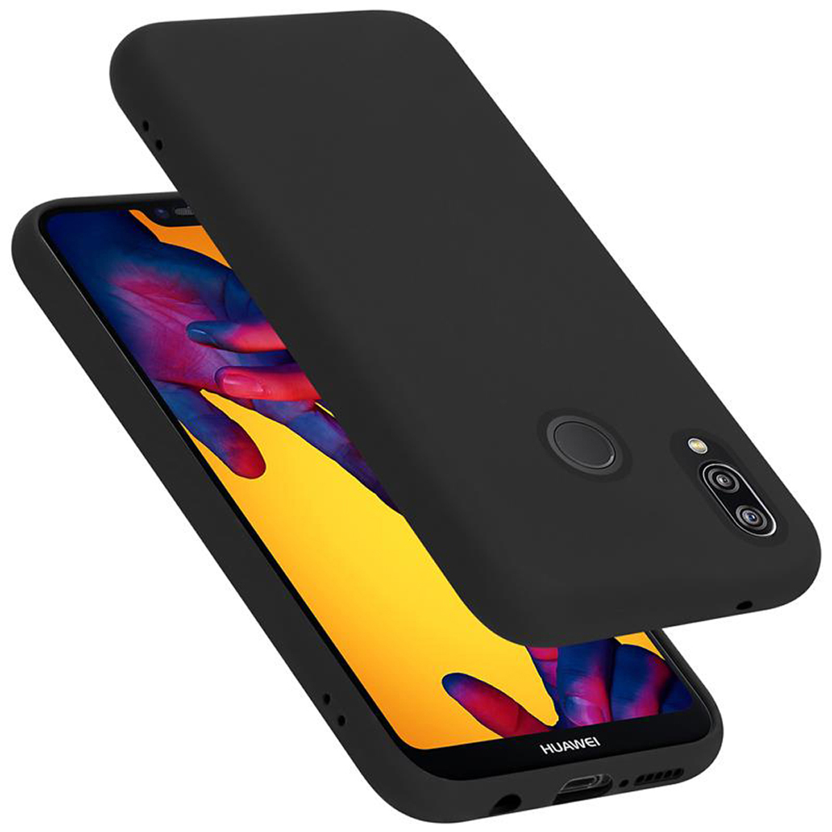 Schwarze Handyhülle, geöffnet, Telefonbildschirm mit Hintergrundbild.