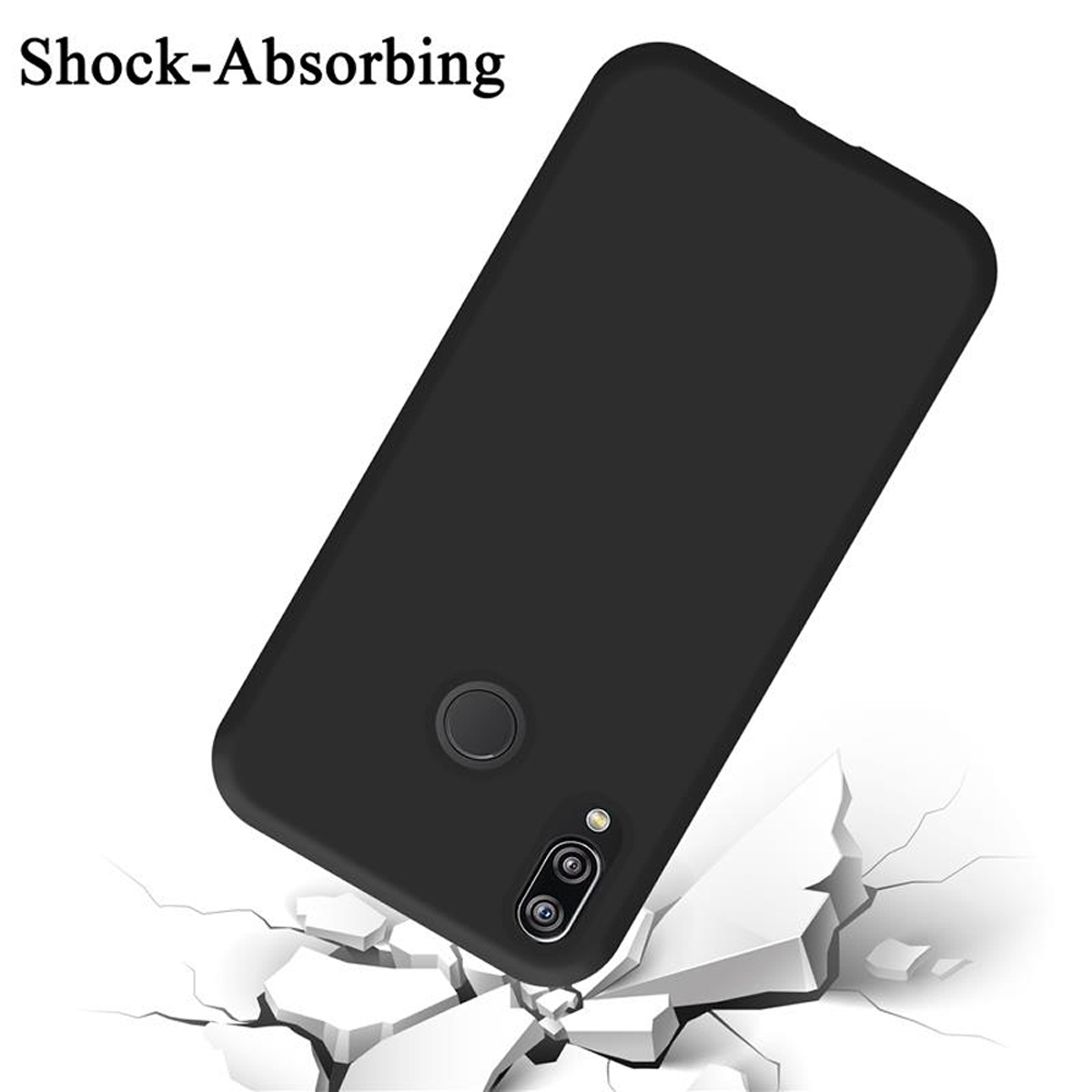 Schwarze Handyhülle mit einem Telefon auf weißem Grund. Die Hülle ist zerbrochen. Der Hintergrund ist weiß.