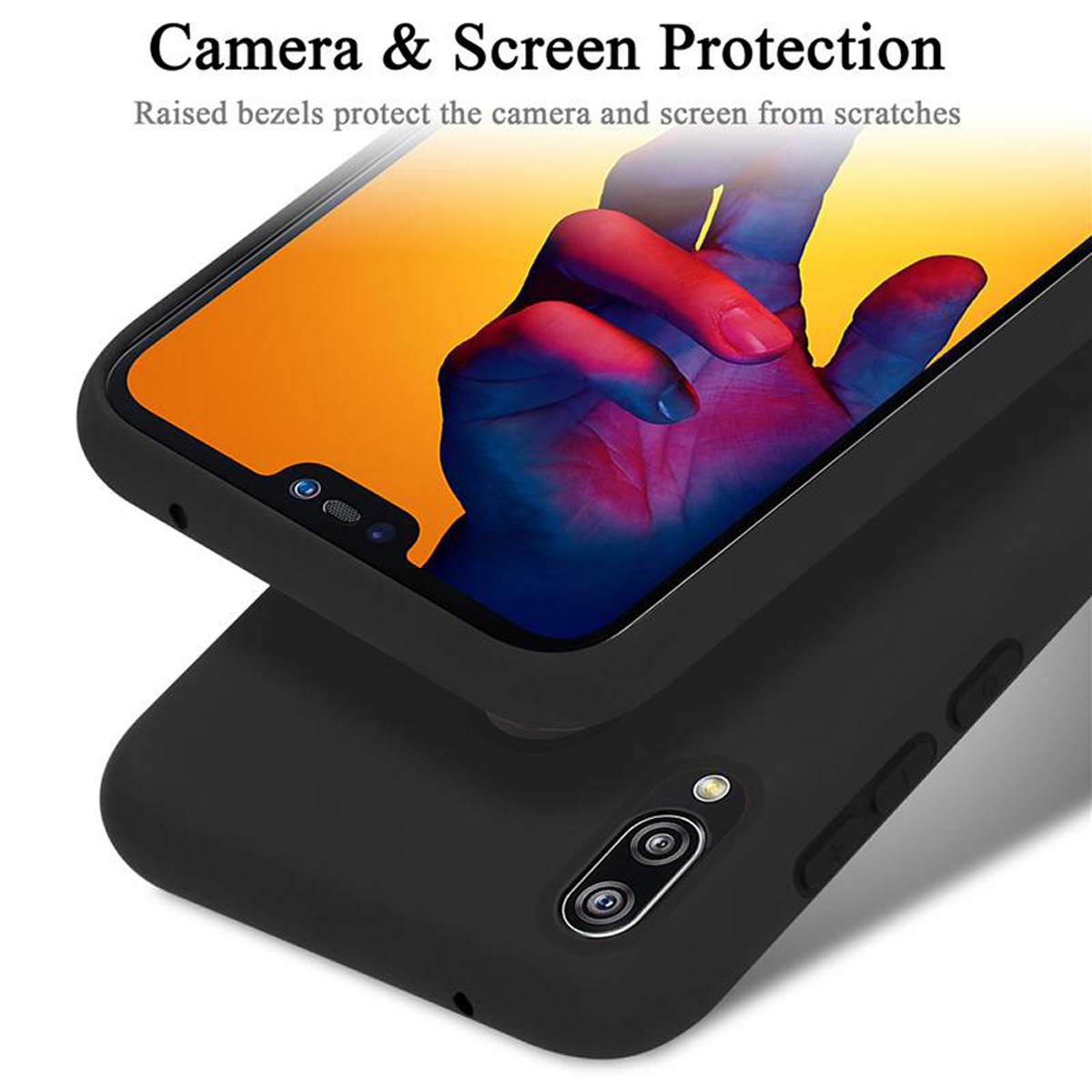 Schwarze Handyhülle auf schwarzem Telefon. Hülle hat erhöhte Kanten. Bildschirm zeigt orangefarbenen/gelben Hintergrund.