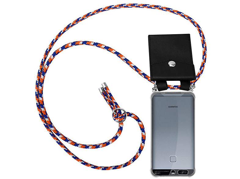Handy Huawei, Backcover, Kordel und BLAU Kette Hülle, Band CADORABO mit abnehmbarer Silber Ringen, ORANGE P9, WEIß