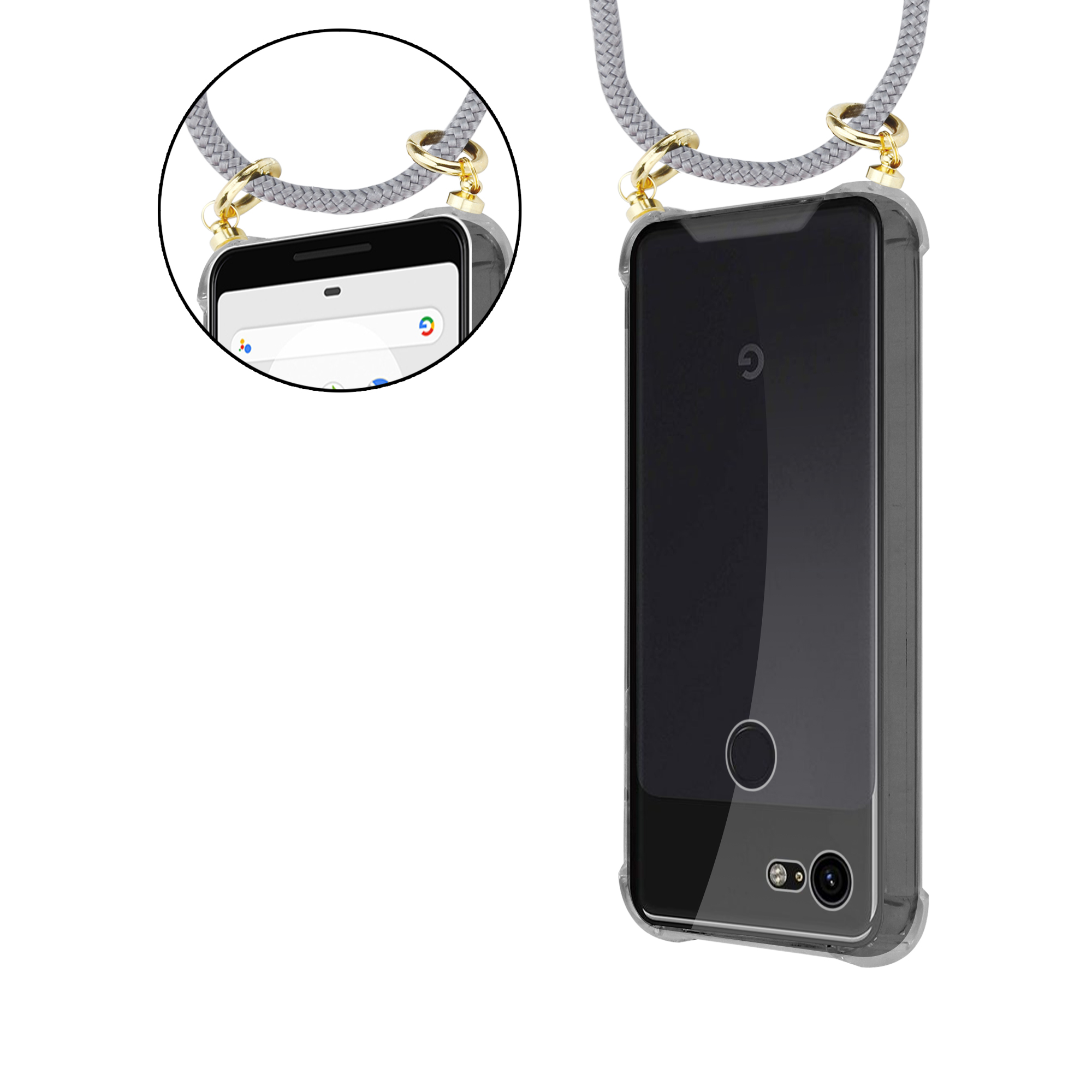 Ringen, SILBER Backcover, Kordel GRAU CADORABO Band und XL, abnehmbarer mit PIXEL Hülle, 3 Handy Kette Google, Gold