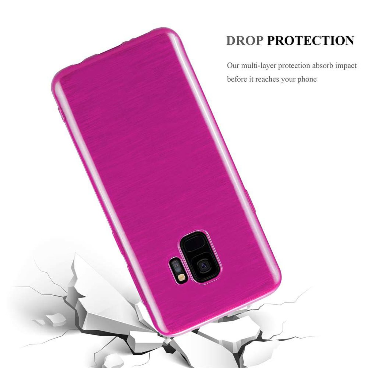 Una custodia rosa per telefono sta cadendo. Sfondo bianco con crepe. L'argomento è la protezione dalle cadute.